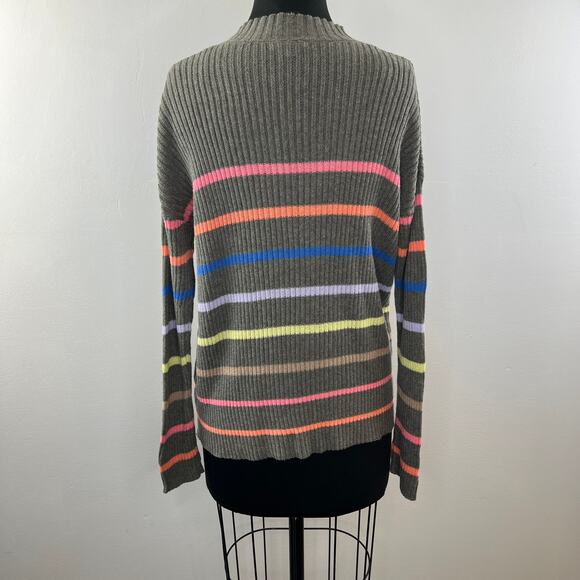 LISA TODD Gray S Sweater Linen Rainbow Striped Rib V-Neck Long Sleeve Pullover - Picture 5 of 8
